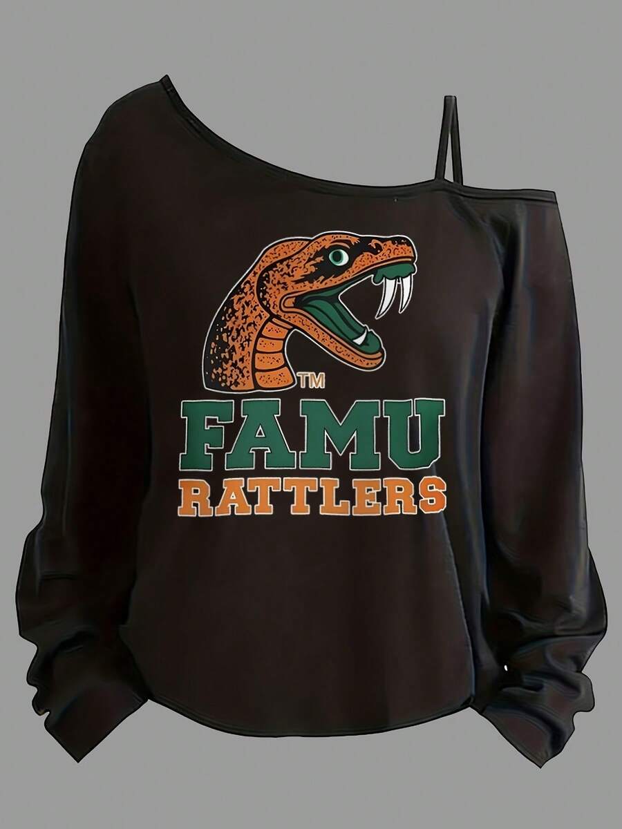 Rattlesnake FAMU Graphic Off-Shoulder Long-Sleeve Top, Black With ...
