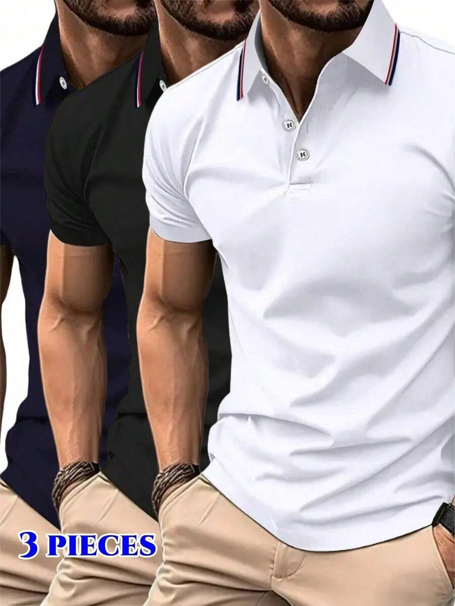 3 件套时尚百搭男士夏季 Polo 衫，透气舒适短袖休闲商务 Polo 衫，户外运动吸湿排汗 T 恤 - 彩色 - 查看 1
