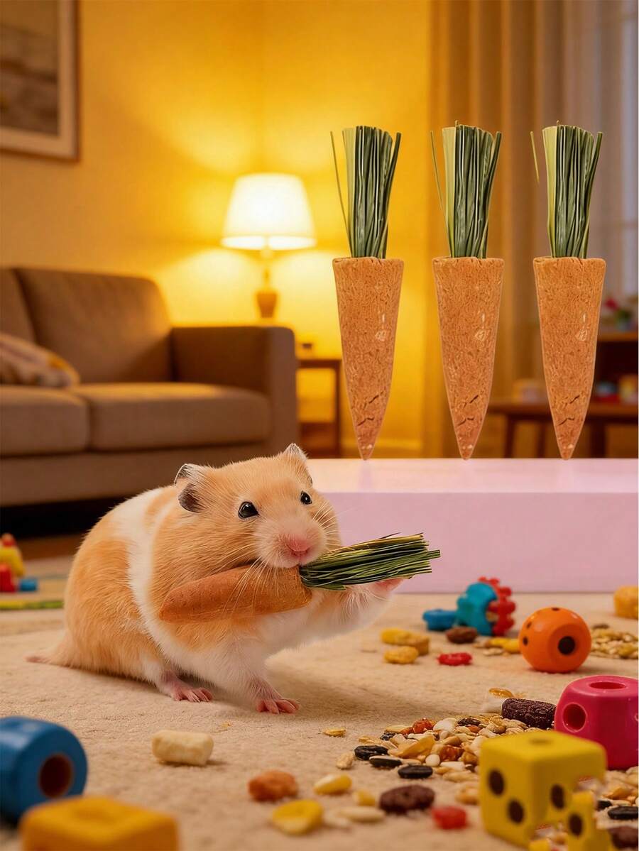 3个装可爱胡萝卜造型小型宠物磨牙玩具，适用于仓鼠、刺猬、兔子等小型宠物，采用合成纤维制成，无需电池