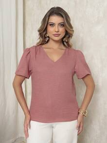 DUOUNO MODAS - WOMEN'S SHORT-SLEEVED BLOUSE WITH V-NECK AND SAMPLE SEAM IN LINEN FABRIC - WOMEN'S BLOUSES - 鮭魚 - 查看 1