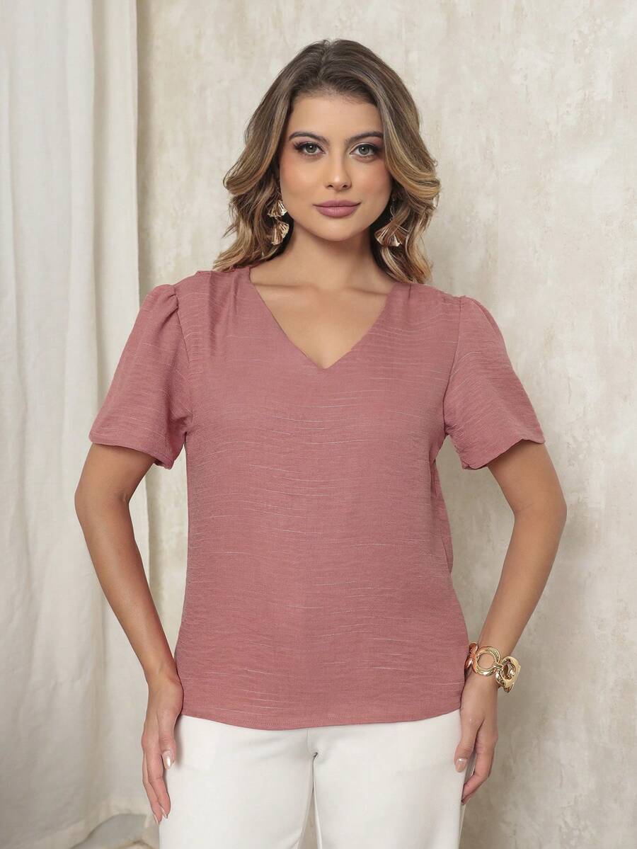 DUOUNO MODAS - WOMEN'S SHORT-SLEEVED BLOUSE WITH V-NECK AND SAMPLE SEAM IN LINEN FABRIC - WOMEN'S BLOUSES - 鮭魚 - 查看 1
