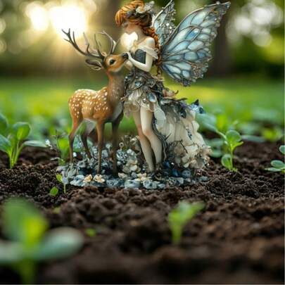 1件波西米亚风格仙女与鹿花园装饰牌，落地式，防水耐溶剂，用途广泛的波西米亚艺术品，适用于室内/室外盆栽植物装饰