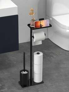 1pc Floor-Standing Toilet Brush & Tissue Paper Holder, Moisture-Proof Toilet Paper Storage Rack, Vertical All-In-One Organizer, Bathroom Accessory, Storage & Decor For Autumn - Black - View 2
