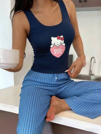 SANRIO [WONDER WORLD]2pcs Hello Kitty Women's Round Neck Sleeveless Printed Top + Straight Elastic Waist Pants Cute Pajama Set
