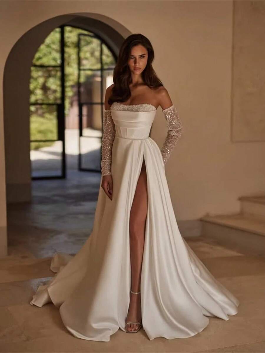 Elegant Simple Off Shoulder High Slit Corset A Line Satin Formal Wedding Dress,Registry Office Dresses Engagement Bridal Gown,Evening Party Dress Birthday Party Dress Country Wedding,Romantic Church Ceremony Wedding Dress,Suitable For Wedding,Dating,Party,Singles' Party,Vacation,Formal Occasions,Dinner Dress,Prom Dress,Homecoming Dess,Cocktail Party,Wedding Guest Dress,Graduation - 白色 - 查看 1