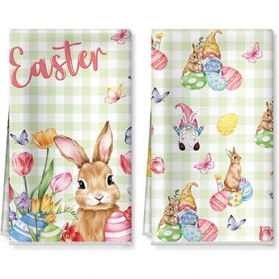 Set de 2 paños de cocina con diseño de cuadros escoceses, conejito y gnomo de Pascua. Paños de té, paños de cocina súper suaves y absorbentes. Dulce regalo de inauguración de la casa para amigos, accesorios de cocina, decoración, artículos esenciales del hogar.