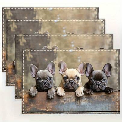 4pcs Cute Bulldog Placemats, Washable, Suitable For Holiday Parties, Home Decor, Kitchen Tabletop, Rectangular Dining Room, Make Your Dining Room And Kitchen More Beautiful, Birthday And Housewarming Gift For Family And Friends