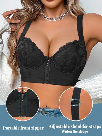 Sujetador con cierre delantero de encaje negro - Cómodo levantamiento y ajuste de soporte