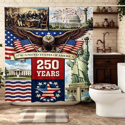 USA 250th Anniversary Historical Landmark Collage Shower Curtain 180x180cm Polyester Waterproof Mildewproof Thickened Washable Patriotic Style Bathroom Partition Curtain With Bald Eagle, Statue Of Liberty, Capitol Building Print For Home Hotel Apartment Dorm Bathroom Decoration Essential Patriotic Bath Accessory