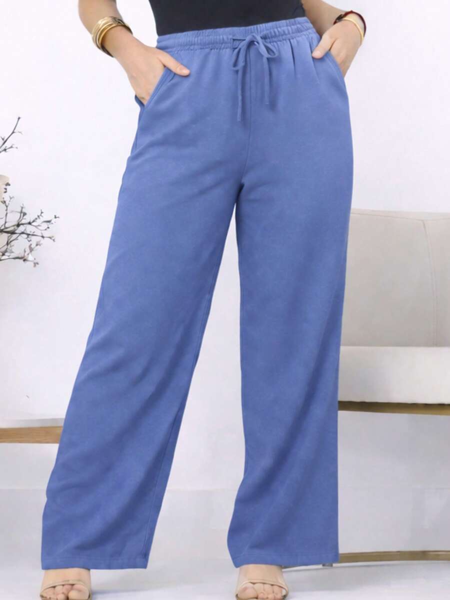 Wide-Leg, Loose-Fitting, High-Waisted Pants In Duna Fabric With Elastic Waistband And Pockets. - Blue Jeans - View 1