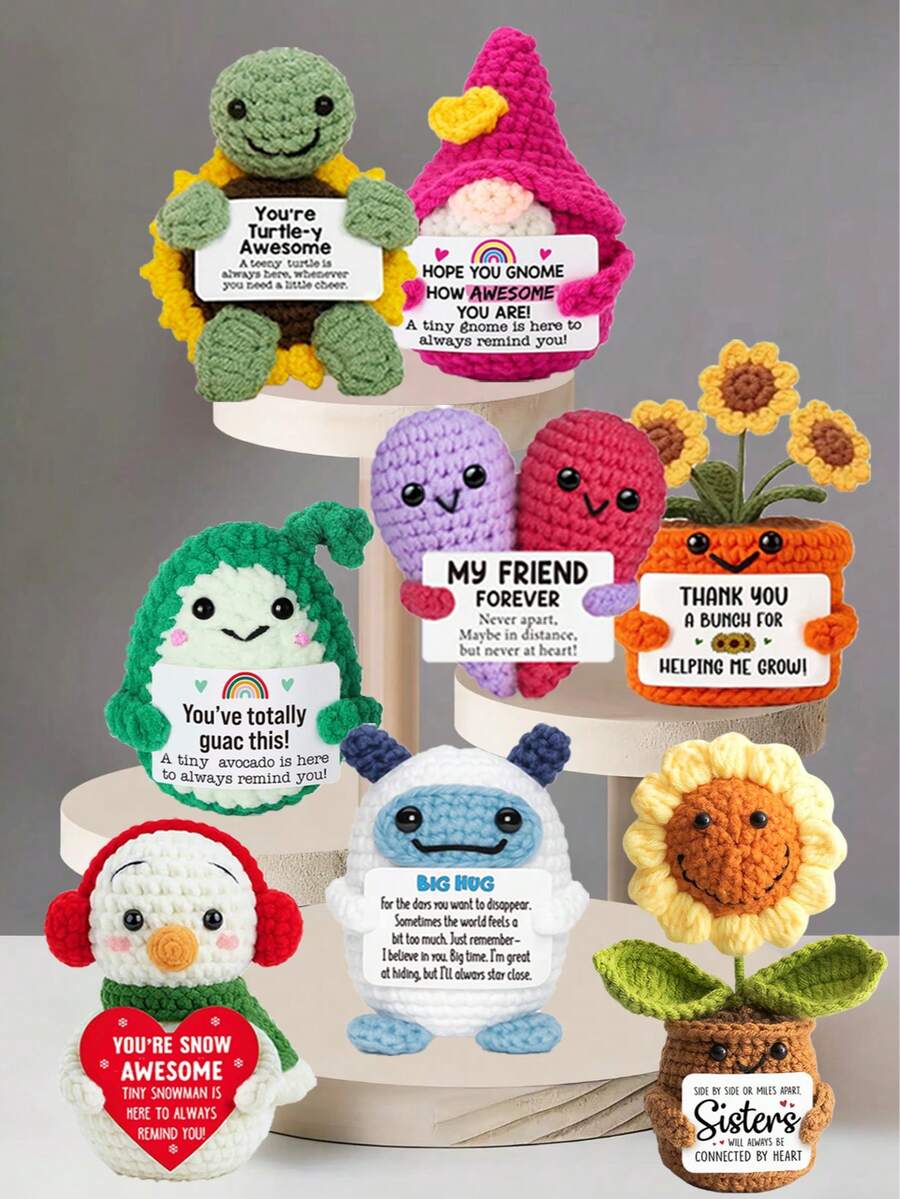 4pcs/Set Handmade Crochet Desktop Decor Figurines, Cute Sci-Fi Dolls, Ideal Birthday/Friendship Gift For Best Friends, Sisters, Mom, Grandma, Coworkers, Family, Positive Emotion Support, Creative Party/Valentine's Day/Thanksgiving Plush Doll Ornament - Multicolor - View 1