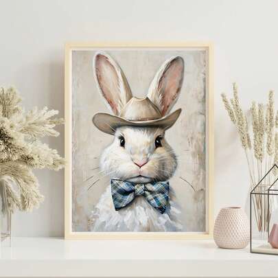 1pc, Canvas Wall Art, Framed Wall Decor, Whimsical Easter Bunny Children's Room Decor, Cowboy Bunny Wall Art, Vintage Easter Bunny Design, Farmhouse Baby Room Decor, Spring Decor, Rabbit Print, Easter Decor, Rustic Decor, Rabbit Artwork, Farmhouse Decor Art, Spring Home Decor, Easter Poster, Room Decor Aesthetics, Dorm Decor, Bedroom Decor, Living Room Decor, Bathroom Decor, Kitchen Decor, Dining Room Decor, Holiday Gifts, Apartment Decor, Office Decor