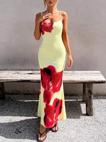 女士性感黄色碎花露背连衣裙，细肩带系腰修身设计，度假风，适合夏季海滩旅行派对 - 黃色 - 查看 4