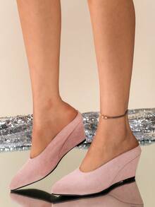 Plus Size Pointed Toe Wedge Heel Slip-On Sandals For Women, Summer New Casual Closed Toe Mule Slippers - Pink - View 1