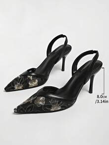 New Chinese Style White High Heel Mules, Pointed Toe Lace Embroidery Convertible Sandals For Women - Black - View 7