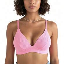 Kit Of 1 To 2 Ribbed Bras With Padded Cups, No Underwire, Thin Adjustable Straps, Comfortable And Wrinkle-Free - 2 ÁO NGỰC (HỒNG/HỒNG) - Xem 1
