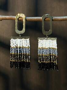 AHAYA Metal Hoop Seed Bead Tassel Earrings, Bohemian Glass Bead Creative Handmade Jewelry, Ombre Dangle Earrings Suitable For Daily, Casual, Beach Wear - Black - View 11