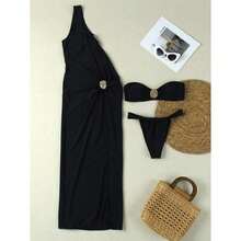 Bikini Set For Women 3 Piece - Black Bandeau Swimsuit With Cover Up; One Shoulder Cutout Maxi Dress; Swimsuit For Beach, Pool, Vacation, Summer - 多色203 - 查看 4