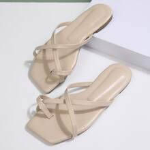 Square Toe Flat Shoes For Women Summer Sandals Slides Casual Outdoor Beach Fashionable Slippers Flip Flops - Apricot - View 2