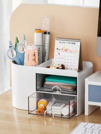 1pc Stationery Storage Box, Office Supplies Box, Desk Organizer Box With Drawer, Desk Pen Holder, Suitable For Business Cards, Pens, Pencils, Hair Accessories, Stationery Rack Storage Box (White, Pink, Blue)