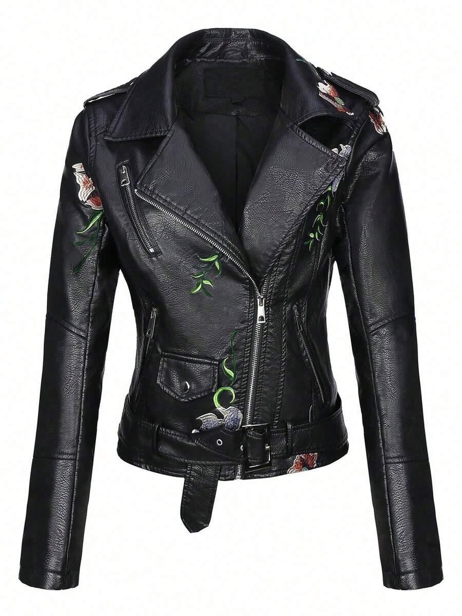 Risissida Women's Spring & Autumn Faux Leather Embroidered Commuter Jacket With Belt, Minimalist Versatile Riding PU Jacket For Spring