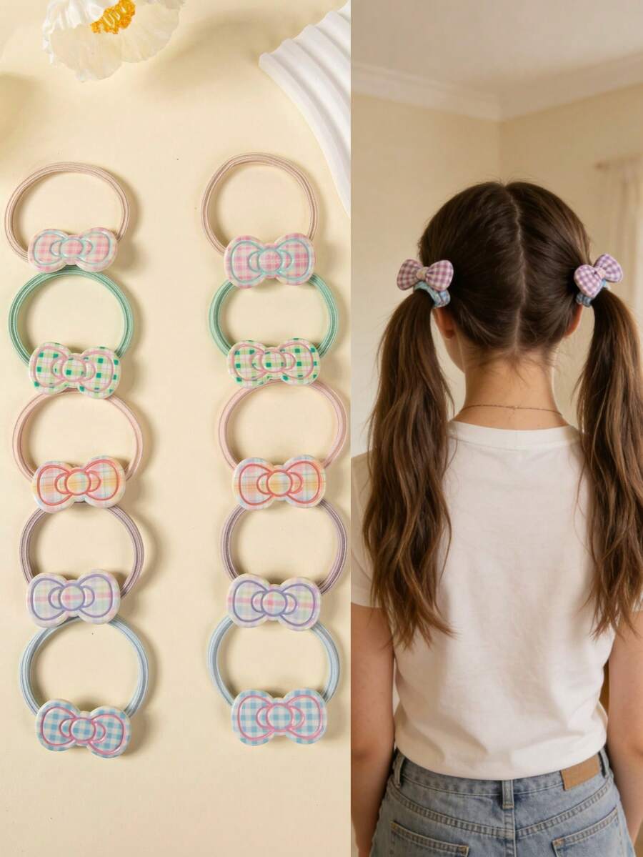 12pcs Cute Bow Plaid Hair Scrunchies, High Elasticity No Damage Hair Ties, Colorful Hair Accessories For Girls Daily Use - Multicolor - View 1