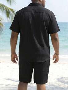 ResortEase Plus Size Men Solid Color Front Button Short Sleeve Shirt And Pockets Shorts Set - Black - View 2