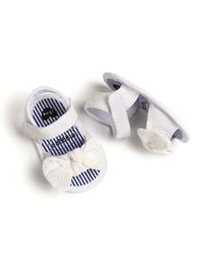 Newborn Infant Girls Summer Sandals With Flower Bow Soft Bottom Wedding Dress Flat Shoes, Toddler Crib Shoes - White - View 6