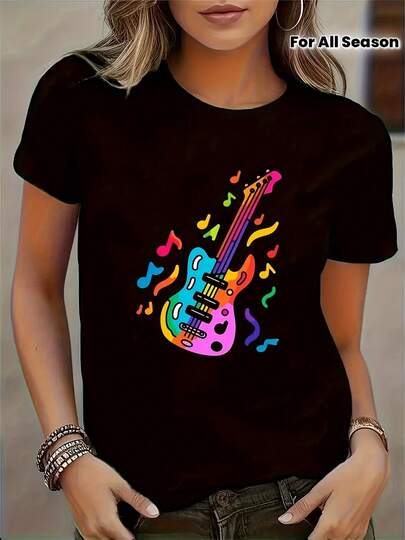 Camiseta de mujer con estampado vibrante de guitarra americana - Diseño colorido de guitarra eléctrica con notas musicales, cuello redondo negro casual de manga corta, mezcla de poliéster, para uso en todas las estaciones