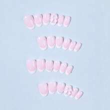 24pcs Oval White French Manicure Nail Stickers With Pearl Bow Design, Fits Acrylic Nails Perfectly, Includes 1pc Jelly Gel And 1pc Nail File, Suitable For Women And Girls For Daily Work, Study And Party - 杏仁色 - 查看 3