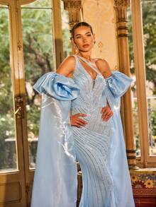 Faeriesty Luxury Elegant Off-Shoulder Mermaid Evening Dress, Embellished With Shiny Sequins, Exaggerated Puff Sleeves And Wide Ruffle Design, Fitted With Back Tie, Suitable For Weddings, Galas, Cultural Celebrations And Red Carpet Events - Baby Blue - View 8