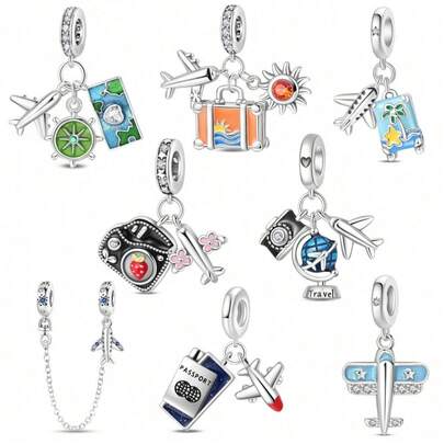 1个镀银旅行飞机吊坠，夏季旅行主题吊坠，旅行地图吊坠，甜蜜启程吊坠，护照飞机吊坠，海洋之旅 - 飞机安全链，蓝色飞机吊坠，适用于原装蛇骨链项链、手链、串珠，DIY珠宝制作，奢华闺蜜礼物