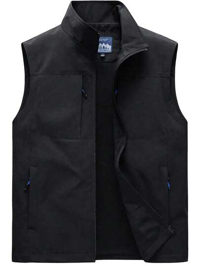 Stand Collar Sleeveless Vest Men Casual Multi-Pocket Jacket Suitable For Outdoor Sports, Fishing, Photography, Camping, Hunting, Tactical Journalist Vest, Spring/Summer/Autumn/Winter