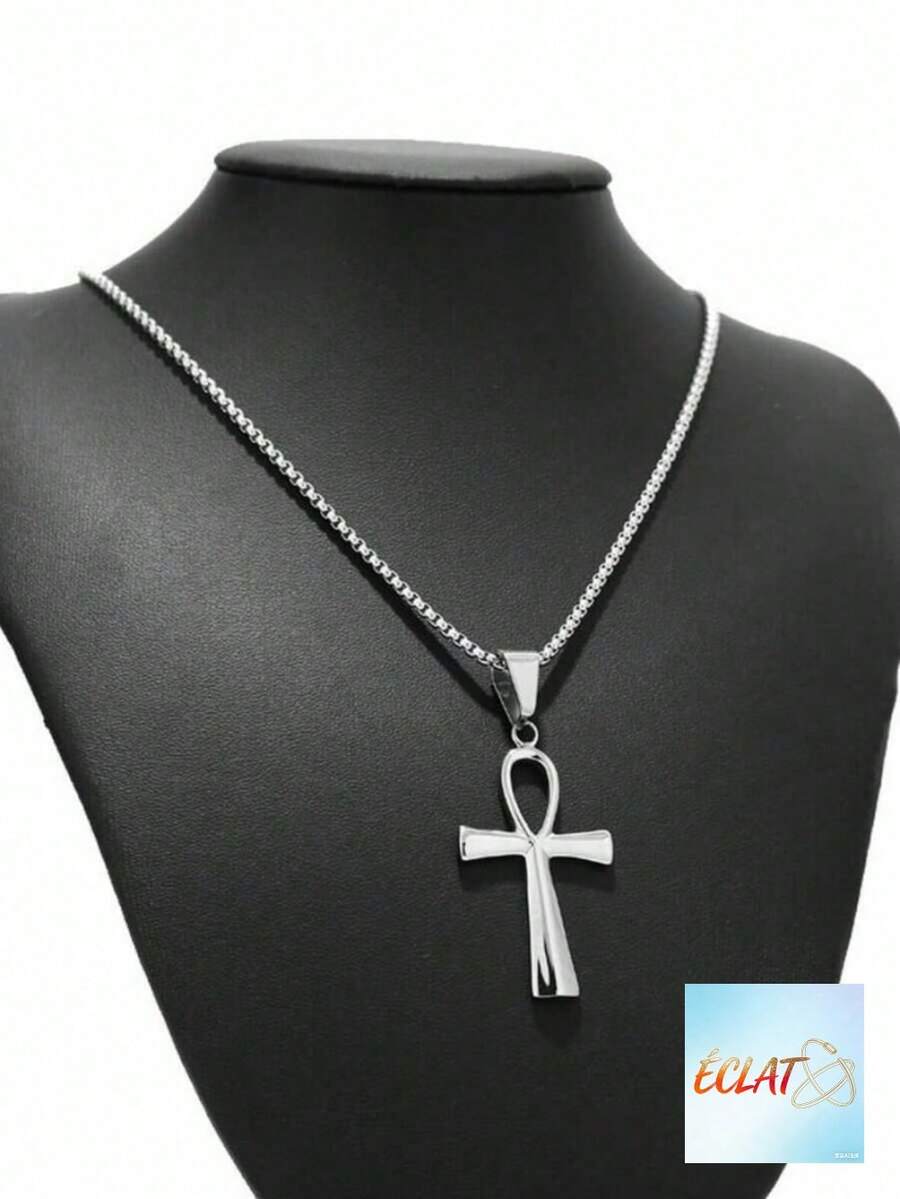 Silver Ankh Cross Pendant Necklace Stainless Steel Ancient Egyptian Jewelry Metal Blessing Cross Egyptian Jewelry Gift For Her Him Unisex Accessories EXQS - 銀色 - 查看 1