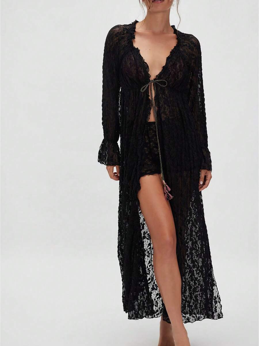 Women's Lace Mesh Flowy Maxi Top Tie Front Kimono Cardigan Sheer Long Sleeve Ruffled Duster Layering Shirt Cover Up For Daily Office Party - 黑色 - 查看 1