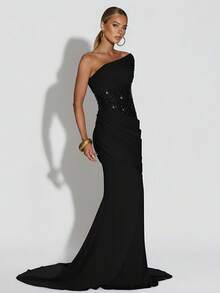 Shiny Patchwork Elegant Party Ruffle Zipper Evening Cocktail Formal Dress - Black - View 2