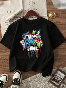 Camiseta de manga corta estampada para niños - suave, transpirable, camiseta de manga corta con cuello redondo, diseño de lata de soda vibrante, lavable a máquina, niños y niñas verano casual tops, tallas 110-150, camiseta de estampado de letras, moda divertida para niños, ropa cómoda para niños, camiseta de manga media para adolescentes - Negro - Ver 1