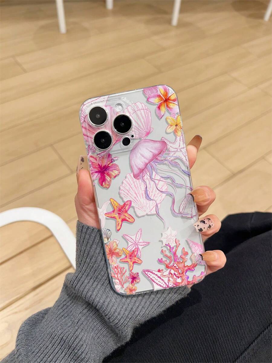 1pc Transparent Thick Anti-Drop UV Painted TPU Phone Case With Minimalist Cute Sea Turtle & Ocean Elements Design, Suitable For IPhone17/Air/17Pro/17Promax, IPhone16/16Plus/16Pro/16Promax, IPhone15/15Plus/15Pro/15Promax, Galaxy S25 Ultra, S24 Ultra, S22, S21 Ultra, S21 FE 5G, S23, S23+, S23 Ultra, S24, S21 Ultra/Pixel8/Pixel9/Pixel10PROXL Series, Provides Lens Protection And Can Be Used As A Protective Cover, Ideal Gift For New Year, Christmas, Halloween Or Valentine's Day - Multicolor - View 1