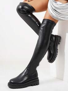 Riding Thigh High Shoes Over The Knee High Boots For Women Sexy Half Zipper Round Toe Low Chunky Heel Faux Leather Stretch Platform - 黑色 - 查看 9