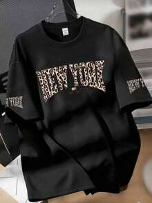 Camiseta holgada de punto con estampado de leopardo retro y letras "New York", adecuada para el verano, para adolescentes y chicas - Negro - Ver 1