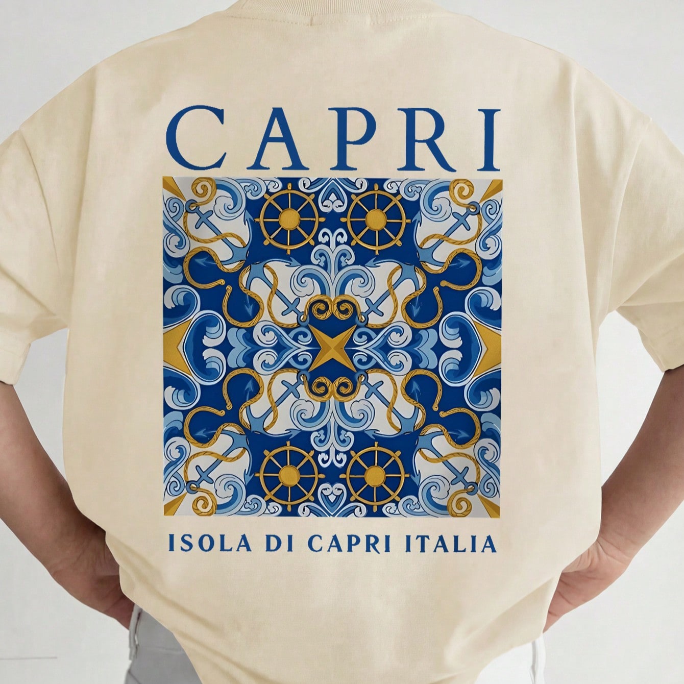 Pieza Camiseta de manga corta de verano para niño preadolescente, estilo retro de vacaciones, parte superior casual holgada en beige con estampado de
