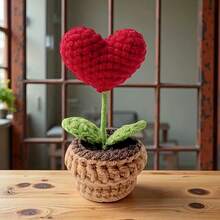 1PC Heart Shaped Handmade Knit Potted Plant, Imitation Flower Pot, Mini Ornament, Home Decor, Gift For Mother's Day, Valentine's Day, Christmas, Back To School Room Decor - 紅色 - 查看 5