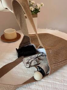 ENBEI Bolso de mano grande de ganchillo hecho a mano con capacidad amplia, regalo para el Día del Maestro/Día de la Madre, mochila para libros de mamá, esencial para vacaciones, espacioso, ligero, portátil, estilo casual clásico, adecuado para adolescentes, mujeres, estudiantes universitarias para vacaciones, días festivos, al aire libre, viajes, playa, perfecto para verano, vacaciones y uso diario, esencial para viajes, bolso de hombro en color caqui y beige, bolso de mano, bolsa de compras - Caqui - Ver 8