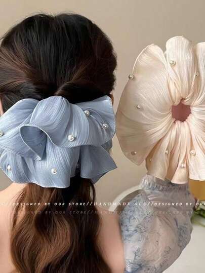 Spring/Summer New High-End Shiny Satin Pleated Faux Pearl Large Hair Scrunchie, Premium Hair Accessory For Women Hair Ties Ponytail Holders Car Bathroom Hair Accessories