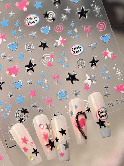 1pc Cartoon Doodle Rose Gold Cute Girl Sweet Cool Star Five-Pointed Star Lightning Nail Art Stickers 5D Edgy Whimsical Nail Decals Self-Adhesive Manicure Accents For Girls And Women