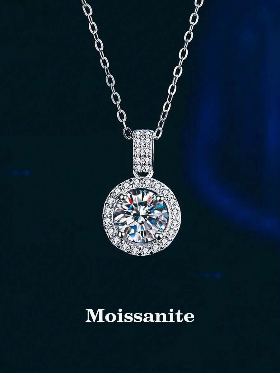 BLOVEMEE 1pc Fashionable Luxury 925 Sterling Silver 1 Carat 6.5mm Moissanite Necklace, Suitable For Women's Daily Wear, Parties, Vacations, Valentine's Day, Mother's Day, Easter, Wedding Anniversary, Women's Jewelry Gift - Silver - View 1