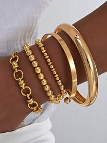 Set de 5 piezas de pulseras tipo brazalete minimalistas de tono dorado con estilo bohemio, aptas para uso diario de mujeres y festivales de música - Amarillo Oro - Ver 8