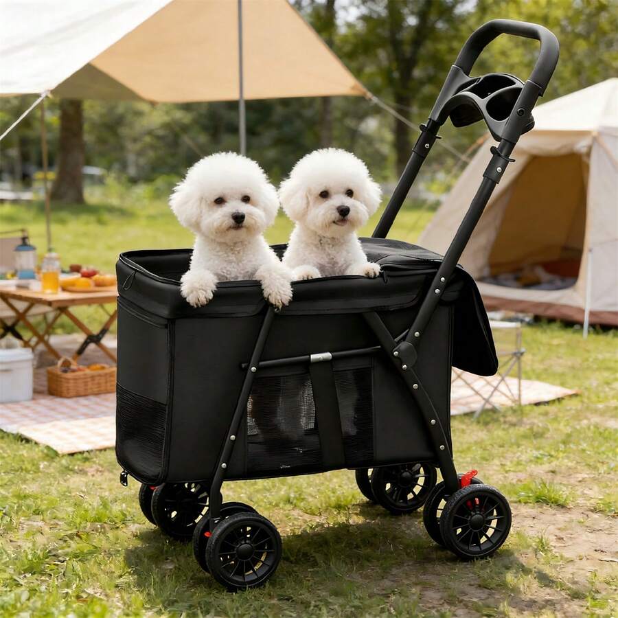 1 PC Foldable All-Terrain Pet Stroller With 4 Wheels & Mesh Windows, Supports Up To 44lbs For Small Medium - Black - View 1