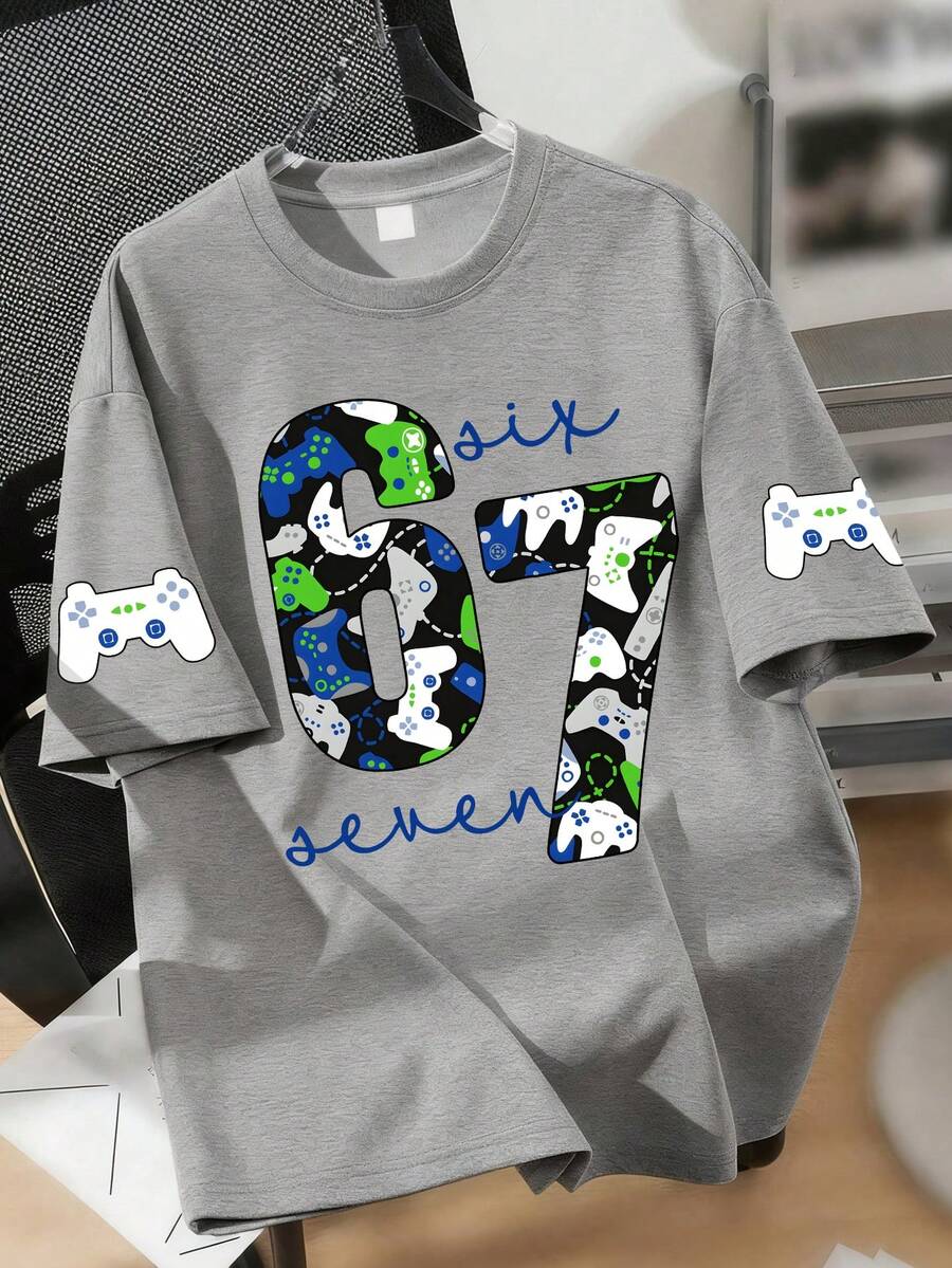 Teens Boys' Loose Fit Graphic T-Shirt, Video Game Controller Print, "67" And Slogan Decor, Casual Short Sleeve Top, Suitable For Gaming Parties, Weekend Gatherings, Streetwear, Daily Casual Wear - Grey - View 1