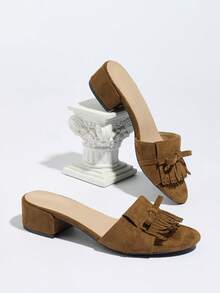 优雅麂皮流苏穆勒凉鞋 | 方头粗跟 | 时尚春夏露趾拖鞋 - 棕色 - 查看 8